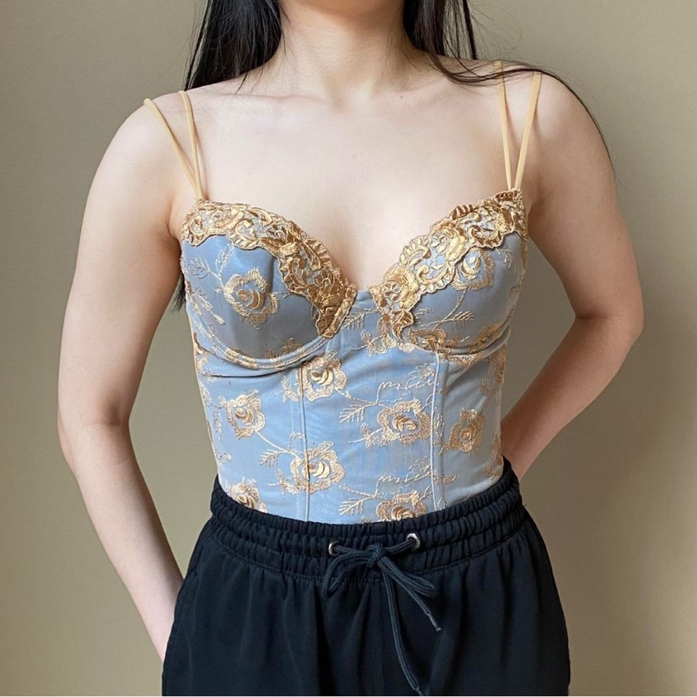 Victoria's Secret rare vintage blue and gold embroidered bustier corset size 34B